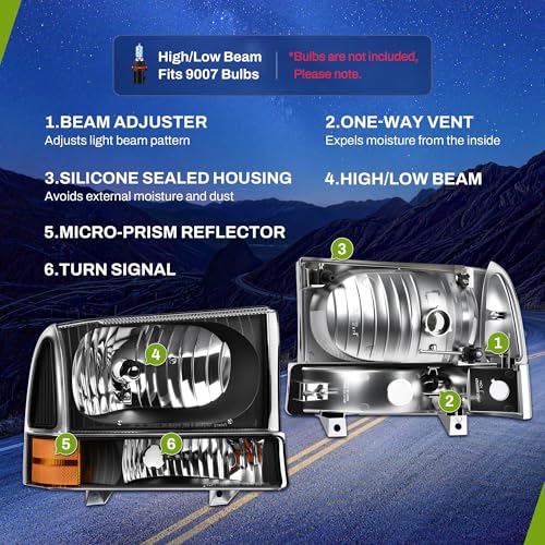 AUTOSAVER88 Headlight Assembly Compatible with 1999-2004 Ford F250 F350 F450 F550 Super Duty/2000-2004 Ford Excursion Black Housing Clear Lens +Park/Signal Lamp by AUTOSAVER88 - Image 5