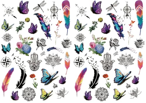 Image of S.A.V.I 3D Temporary Tattoo Colorful Feathers Butterflies Birds Compas Totem Design Size 21x15CM - 1PC. (Pack of 2)