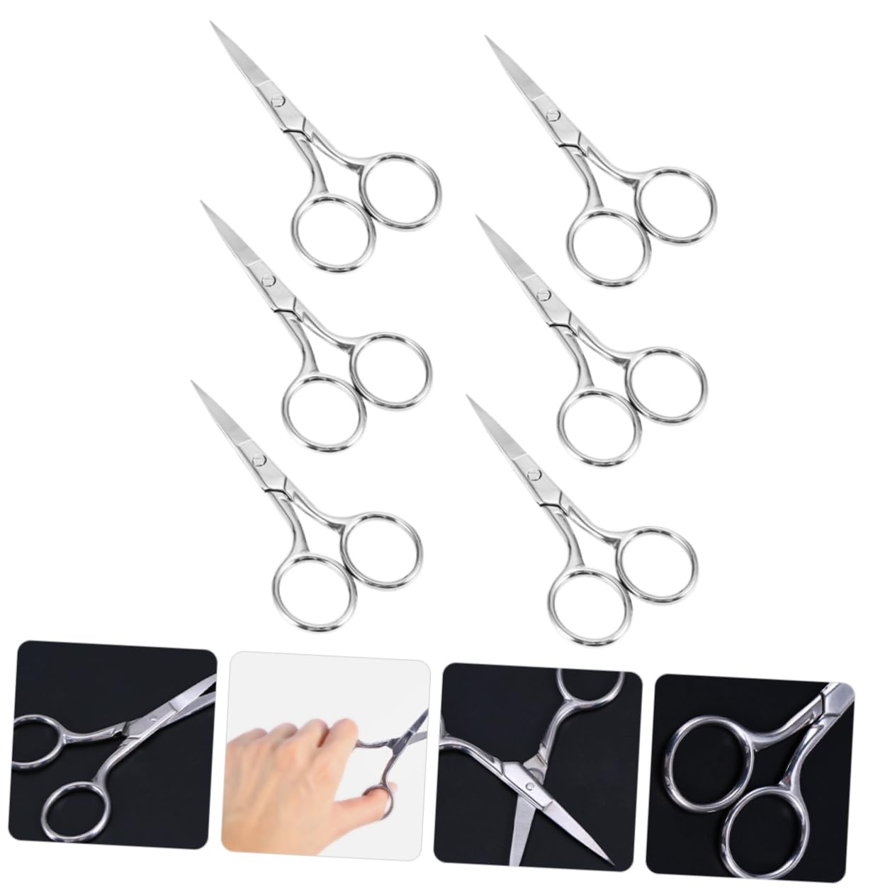 Forbici per Sopracciglia in Acciaio Inox 6 Pezzi Argento | Piccole Forbici Portatili, per Peli del Viso e Barba, Uso Domestico E'aperto