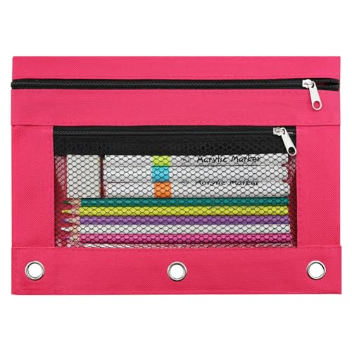 Image of 3 Ring Pencil Pouch for Binder, 2-Pocket Zipper Pencil Case with Clear Window & Mesh Pocket, 600D Oxford Fabric Binder Pouch for School Office Supplies, Fits Standard 3-Ring Binders, Rose Red