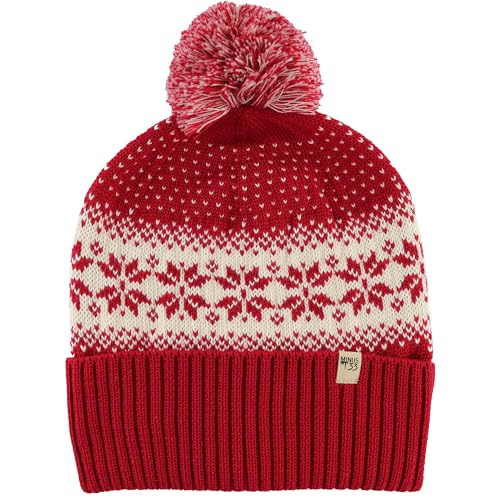 Minus33 Midweight Everyday Knit Cuff Pom Beanie - 100% Merino Wool - Winter Pom Pom Hat - True Red Natural Cream Snowflake - One Size