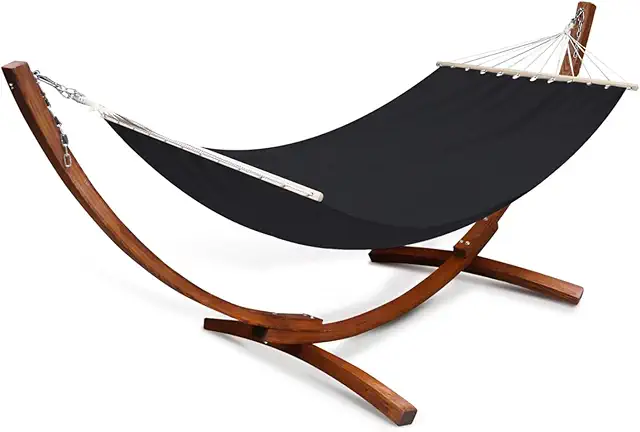 Hamac XL avec Support Bois et Toile Noire - Relaxation Jardin