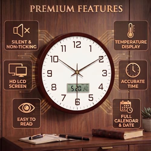 Image of STAR WORK Silent Non-Ticking Wall Clock 12 inch Inch Analog Clock & LCD Display | Calendar Date, Day, Temperature, Operated Decorative Clock for Living Room, Kitchen, Bedroom,Office (White Brown Digital)