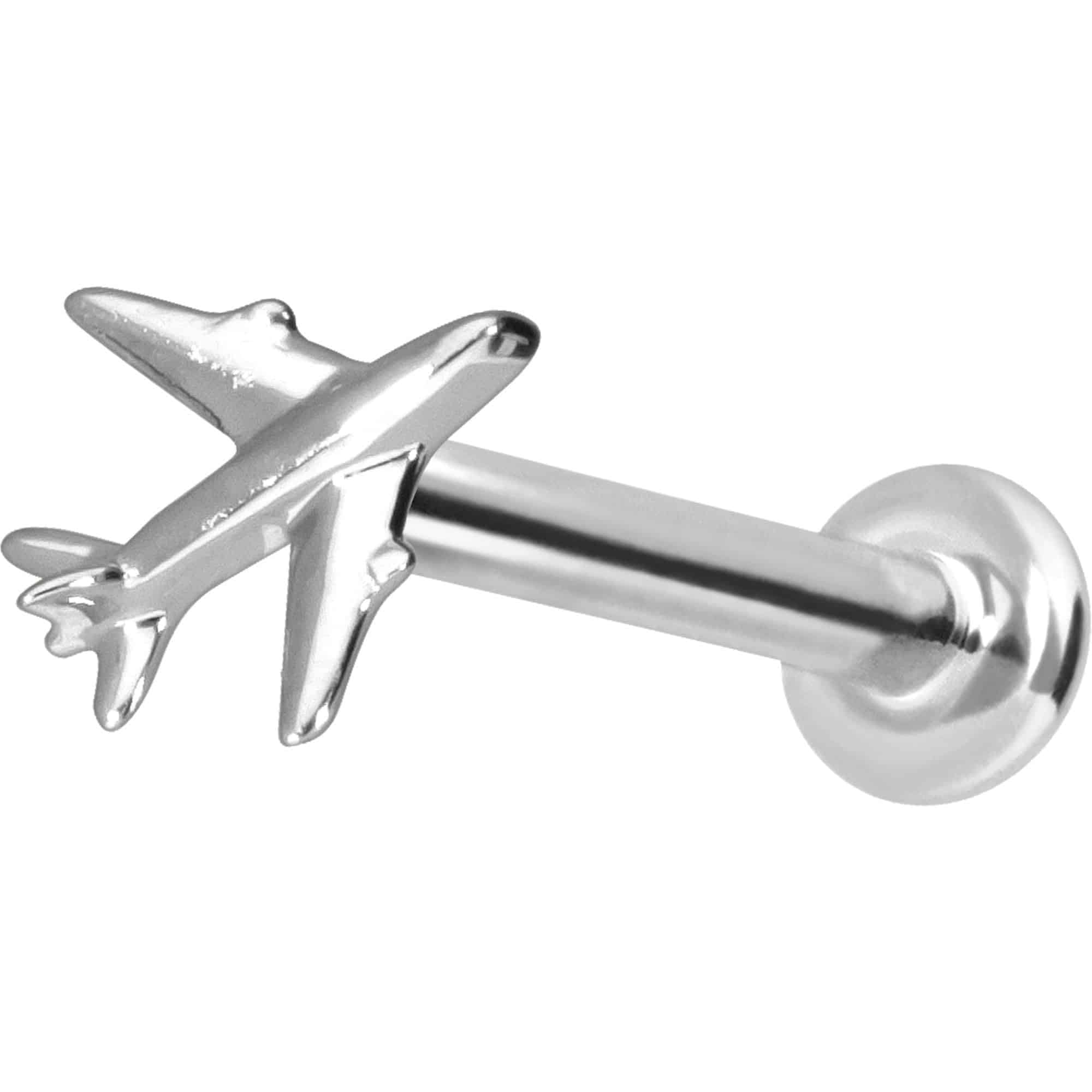 PIERCINGLINE Piercing Stecker 14 Gold Labret mit Push Fit FLUGZEUG 585er Gold - Roségoldfarben, Goldfarben, Silberfarben