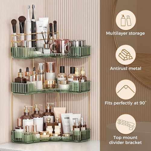 Image of BEFSOP Corner Bathroom Counter Organizer, Upgraded 3-Tier Makeup Organizer Countertop with Makeup Brush Holder, Skincare Exquisite Vanity Organizers Countertop Bathroom Storage Dresser(Green)