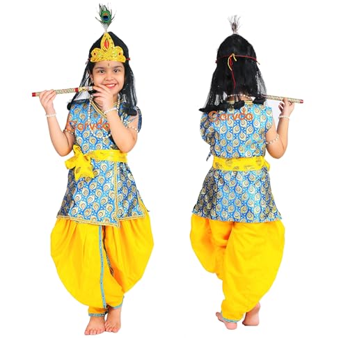 Image of Sarvda Krishna & Radha Dress for Kids - Complete Janmashtami Costume Sets with Dhoti /Lehenga, Mukut, Mor Pankh, Bansuri & Accessories | Fancy Dress for Baby Boys & Girls