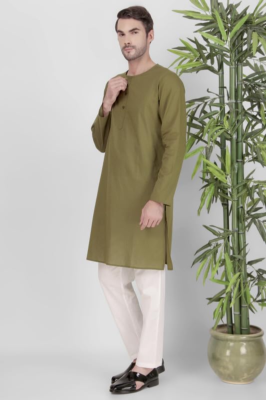 Mens Indian Casual Cotton Kurta Pajama Set - Olive - Crew Neck3