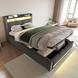KOMHTOM Rembourré Lit Coffre avec Clairage LED et Prise USB Lit Adulte avec Rangement sous Le lit et Sommier à Lattes(sans Matelas) (Gris, 90x200cm)