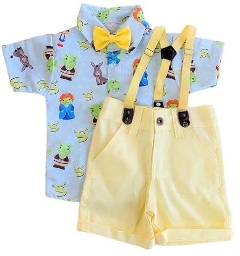 Shrek Kit Roupa Conjunto Infantil Menino 4 Peças Camisa Gravata Bermuda e Suspensório Aniversário Me