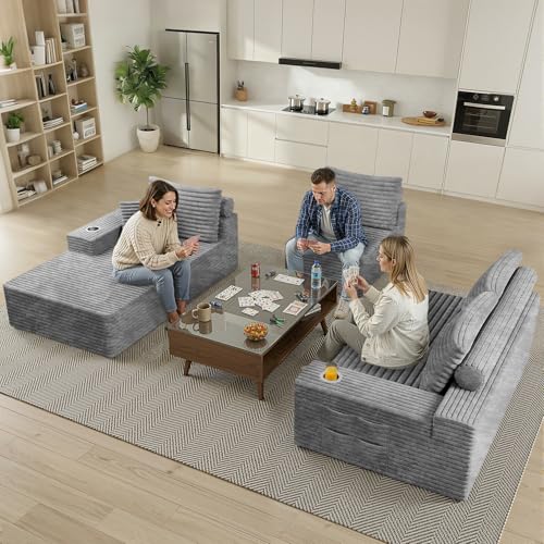 Image of 138 inch Cloud Sectional Couch with L Shape Chaise, Extra Large Frameless Corduroy Sofa, Higher 17.7 inch Seat Height, 32D Pure Foam,Modular Seating for Living Room,No Assembly(Light Gray,Right Facing Chaise)