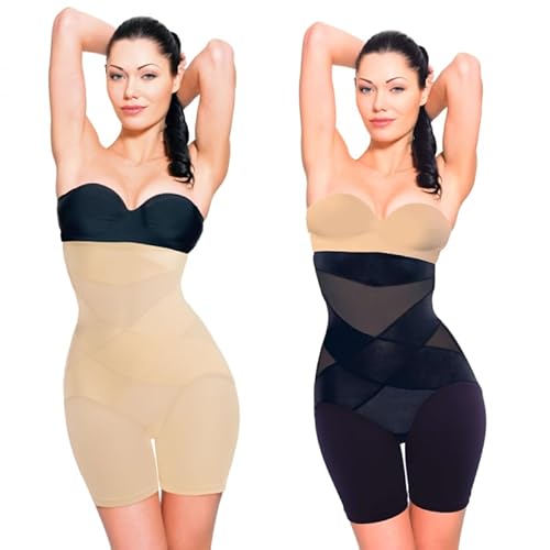 Venteo Noir et Chair T-M-40/42 Gaine Cross Compression Velform Gaine Ventre Plat Design en X - Ventre/Cuisse/Fesse - Toutes morphologies - Modèle Long - Plusieurs Tailles Disponibles