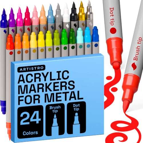ARTISTRO 24 Metal Acrylic Paint Markers - Paint Pens for Metal Surfaces - Permanent Paint Markers for DIY Crafts Signs Ornaments Tumblers Tools and Home Decor