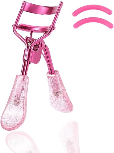 Miniatura 1 de Uranian Rizador de pestañas rosa con 2 almohadillas de repuesto de silicona, mango con purpurina, rizador de pestañas para mujeres y niñas (rosa)