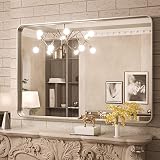 TokeShimi 40 x 30 Inch Brushed Silver Bathroom Mirror for Wall Brushed Brass Metal Rounded Corner Re