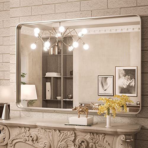 TokeShimi 40 x 30 Inch Brushed Silver Bathroom Mirror for Wall Brushed Brass Metal Rounded Corner Rectangle Mirror Metal Frame Deep Set Design Hangs Horizontal Or Vertical by TokeShimi - Used condition - US$76.20