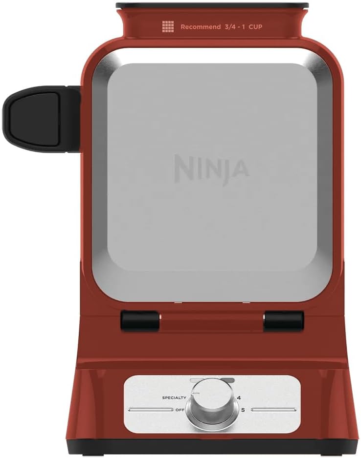 Ninja BW1001 NeverStick PRO Máquina para hacer gofres belgas, diseño vertical, 5 ajustes de sombra, taza de vertido de precisión NO incluida* (renovada) (rojo)