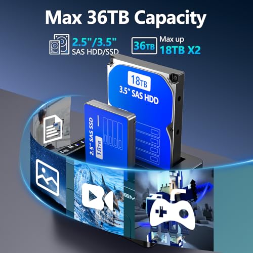 SAS to USB 3.0 Hard Drive Docking Station, SAS Dual Bay Hard Drive Duplicator for 2.5/3.5 SSD HDD with Offline Cloner Function,Plug and Play,Support up to 36TB