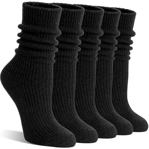 SAVALOS Women Black Merino Wool Slouchy Boot Socks Warm Winter Thermal Slouch Scrunch Cozy Knit Comfy Hiking Work Gifts Socks 5 Pairs Stocking Stuffers(Black Medium)