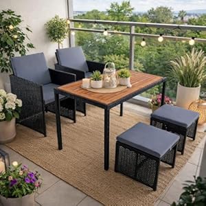ESTEXO Polyrattan Sitzgruppe Gartenmöbel Set Essgruppe Gartenset Rattanmöbel Rattan Set Hocker Gartenstühle Gartentisch (4 Personen/Schwarz)