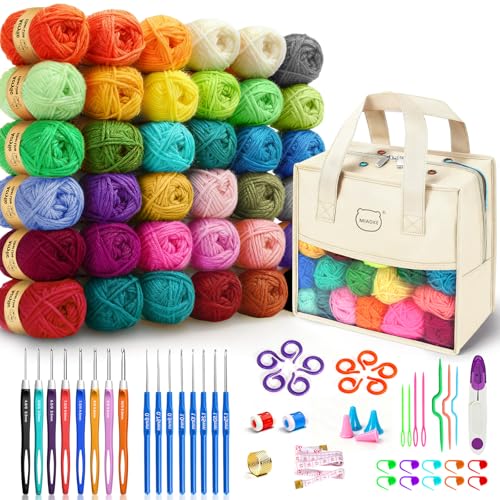 Image of 90Pc Portable Crochet Kit Suitable for Beginners & Professionals - Milky | Include 36 Colors of Crochet Yarn, 36 Crochet Hook Accessories, 16 Crochet Hooks and Storage Bag, for Knitting Enthusiasts