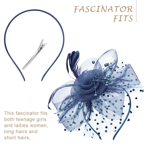 Image of DRESHOW 1920s Vintage Fascinators Hat for Women Veil Mesh Tea Party Derby Hat Bow Satin Gloves Pearl Jewelry Set for Cocktail