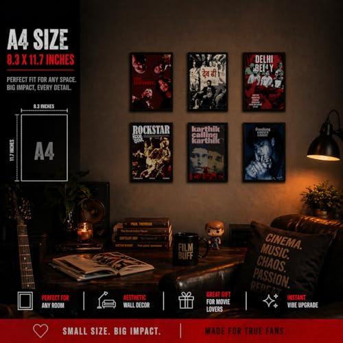 Image of Premium Bollywood Cult Classic Poster Set (Pack of 6) | A4 Size 300 GSM Art Card Posters with Glossy Lamination | Aesthetic Movie Wall Decor for Bedroom, Living Room, Studio & Gifts