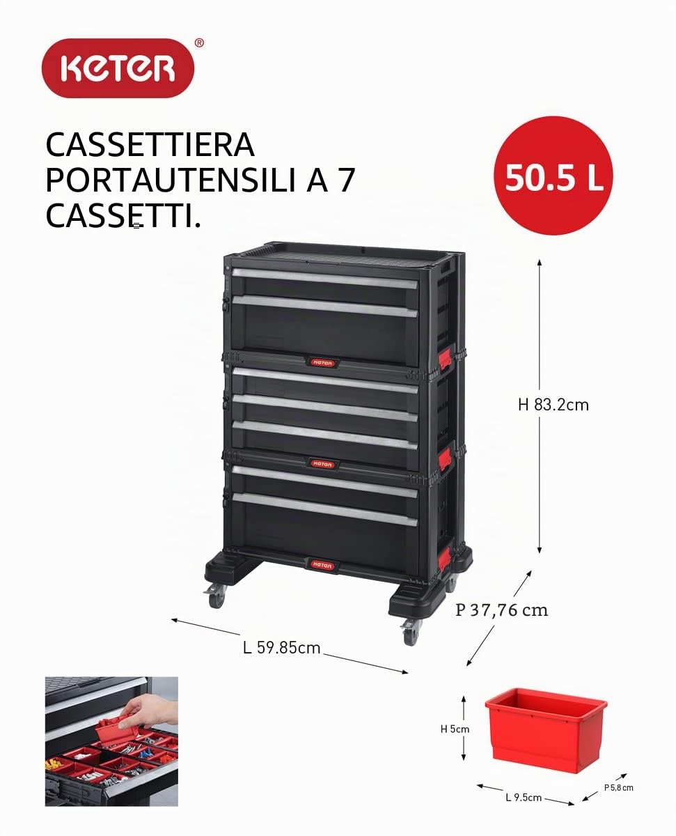Keter Carrello da officina 7 cassetti 60 x 37,8 x 74,2 cm nero