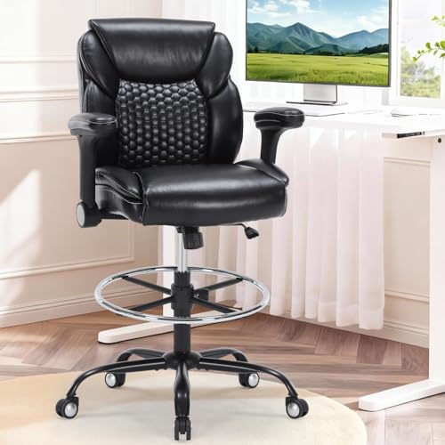 Image of Drafting Chair, Tall Office Chair with Adjustable Armrests Mid-Back Standing Desk Chair with Footrest Ring, PU Leather High Executive Desk Chair Counter Height Office Chair for Home and Office, Black
