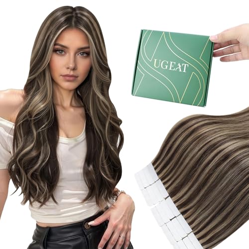 Extension adhesive cheveux naturel marron foncé blond caramel 35cm 40g