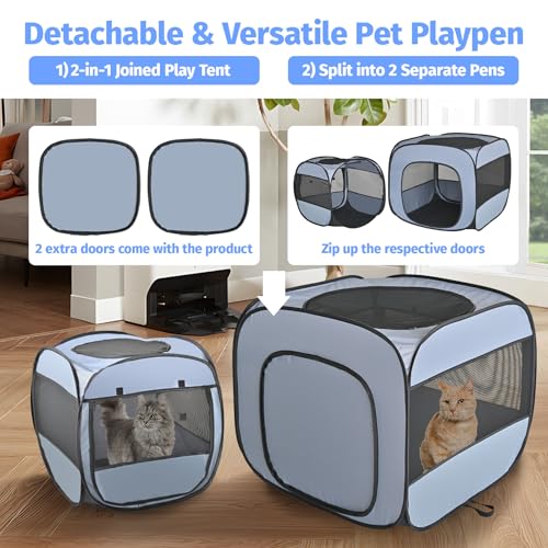 Image of 2-in-1 Portable Cat Playpen, Detachable into 2 Separate Cages with Additional 2 Doors, Pop up Pet Play Pen Cat Tent House, Foldable Puppy Enclosure Kitten Crates Indoors Outdoor(Grey)