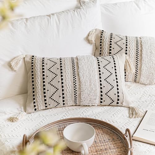 Boho Black & Grey Cotton Jacquard Body Pillow Cover 54x20 Inches - Zipper, Farmhouse Decor