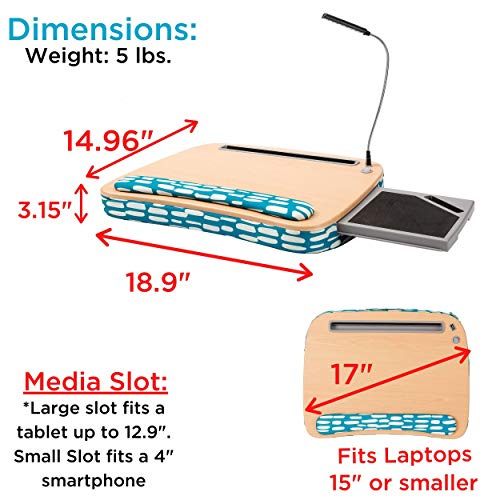 Birdrock Home Deluxe Lap Desk With Pillow Cushion And Wrist Rest | Usb Light And Mouse Pad | Fits Laptops Up To 15" | Tablets Up To 9.6" | Teal And White | Desk With Reading Light | Work From Home #TOP2