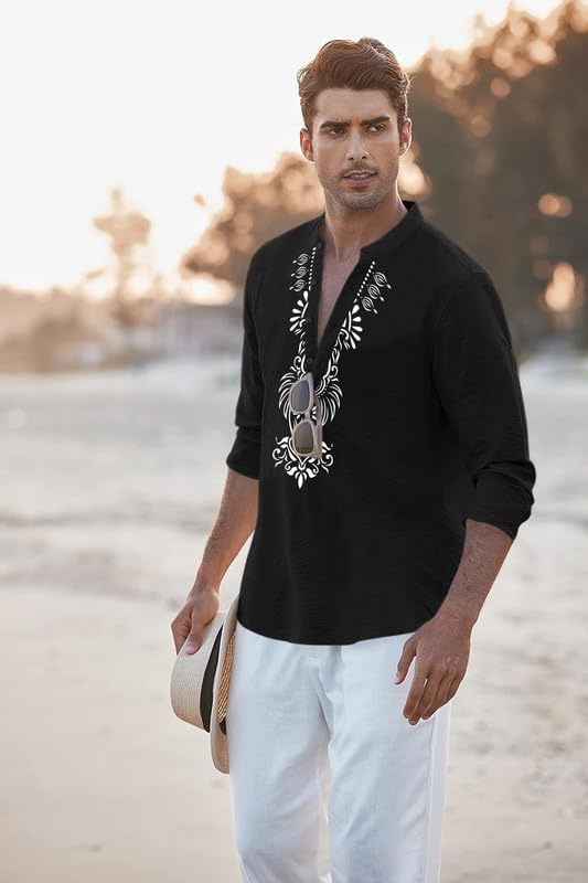 Image of FINIVO FASHION Men's Cotton Blend Short Kurta with Bold Printed Front Design | Full Sleeve Ethnic Casual Kurta with Mandarin Collar | Artistic Festival & Travel Wear for Modern Ethnic Style