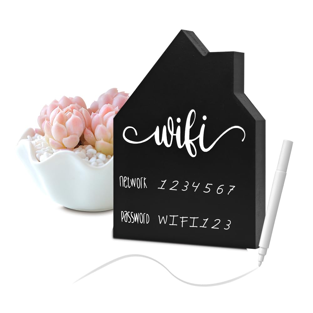 House-Shaped Wooden WiFi Password Sign，Reusable Chalkboard for Home, Office, Guest Room with Pen，7.87"x5.9" Black