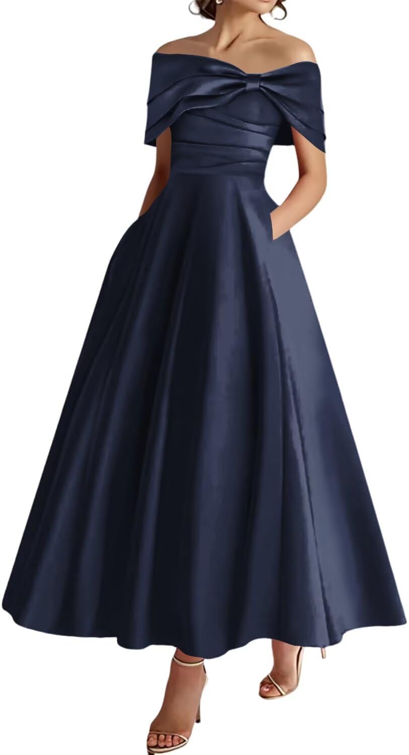 YIANN Navy Blue Mother of The Bride Dresses for Women with Pockets Pleated Off Shoulder Satin Formal Evening Dress UK24