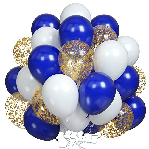 30 globos azul marino, globos de látex de confeti blanco y dorado de 12 pulgadas con globos de cinta para cumpleaños de niños, fiestas espaciales, bodas, baby showers, festivales, decoraciones Cover