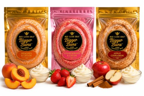BEE LUXE ERA Bigger Buns™ Signature Collection – Jumbo Dessert Buns – Strawberries & Cream, Peaches & Cream & Apple Cinnamon – Premium Gourmet Honey Bun Collection