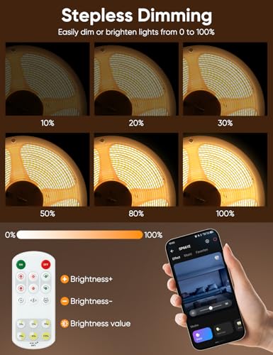 Image of COB LED Strip Lights 2700K Warm White with DC24V UL Listed Adapter | Music Sync LED Lights Remote App Control 16.4ft /5m CRI90+ Ultra Bright LED Rope Lights for Home Bedroom Cabinet DIY Lighting