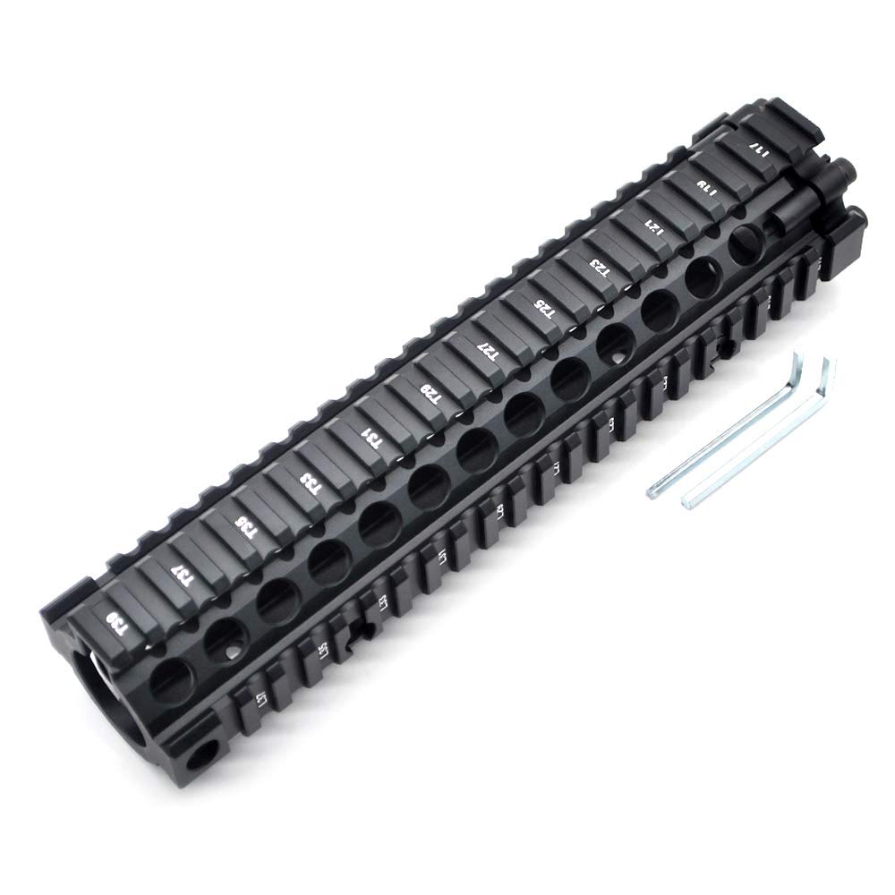 TRIROCK Two-Pieces Design 9.6 Inch Drop-in Black Quad Rail handguard for MK18 Rifle Interface System For Fitting .223 Cal.
