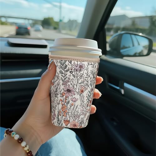 Image of Reusable Insulated Sleeve for Iced Coffee Cup, Coffee Neoprene Sleeve for Cold & Hot Drinks, Beverage Holder for Iced Coffee (Bloom Magic, Small: 16-18oz)