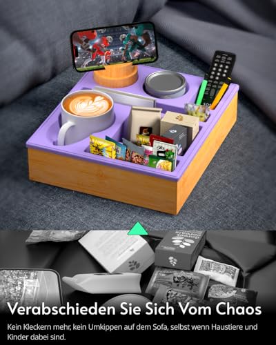 Couchbar Snackbox Silikon sofatablett mit 360 Grad Drehbar Handyhalter beistelltisch mit Holz Sofatablett für Sofa, kino Deko… – Ansicht 4