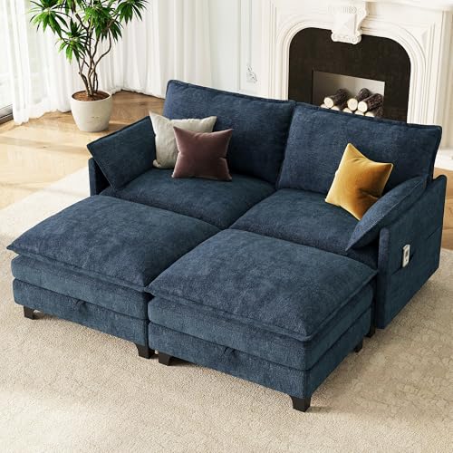 HOMYKA 72" Loveseat Modular Sectional Sleeper Sofa, Chenille Cloud Couch Bed with Storage Ottoman, Modern Deep Seat Couches with Side Pocket for Living Room, Bedroom and Apartment, Navy Blue