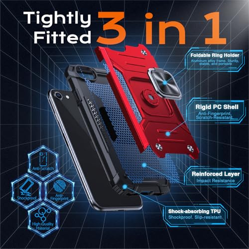 Image of Anqrp Heavy Duty Case for iPhone 6 /7 /8 /SE /SE2 Case with Enhanced Ring Holder Grip Stand, Military Grade Shockproof Rugged Drop Protective Silicone Hard Slim iPhone SE Phone Case Cover,Corail Red
