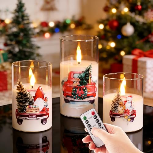 Eywamage Christmas Glass Flameless Candles with Remote, Flickering LED Pillar