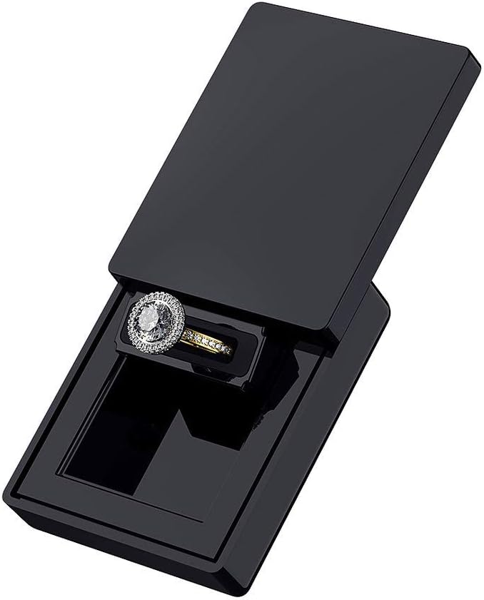 MONOLIX Slim Engagement Ring Box, Thin Unique Sliding Lid, Elegant Discreet Secret Surprise Marriage Wedding Proposal Case (Black, MAXI)