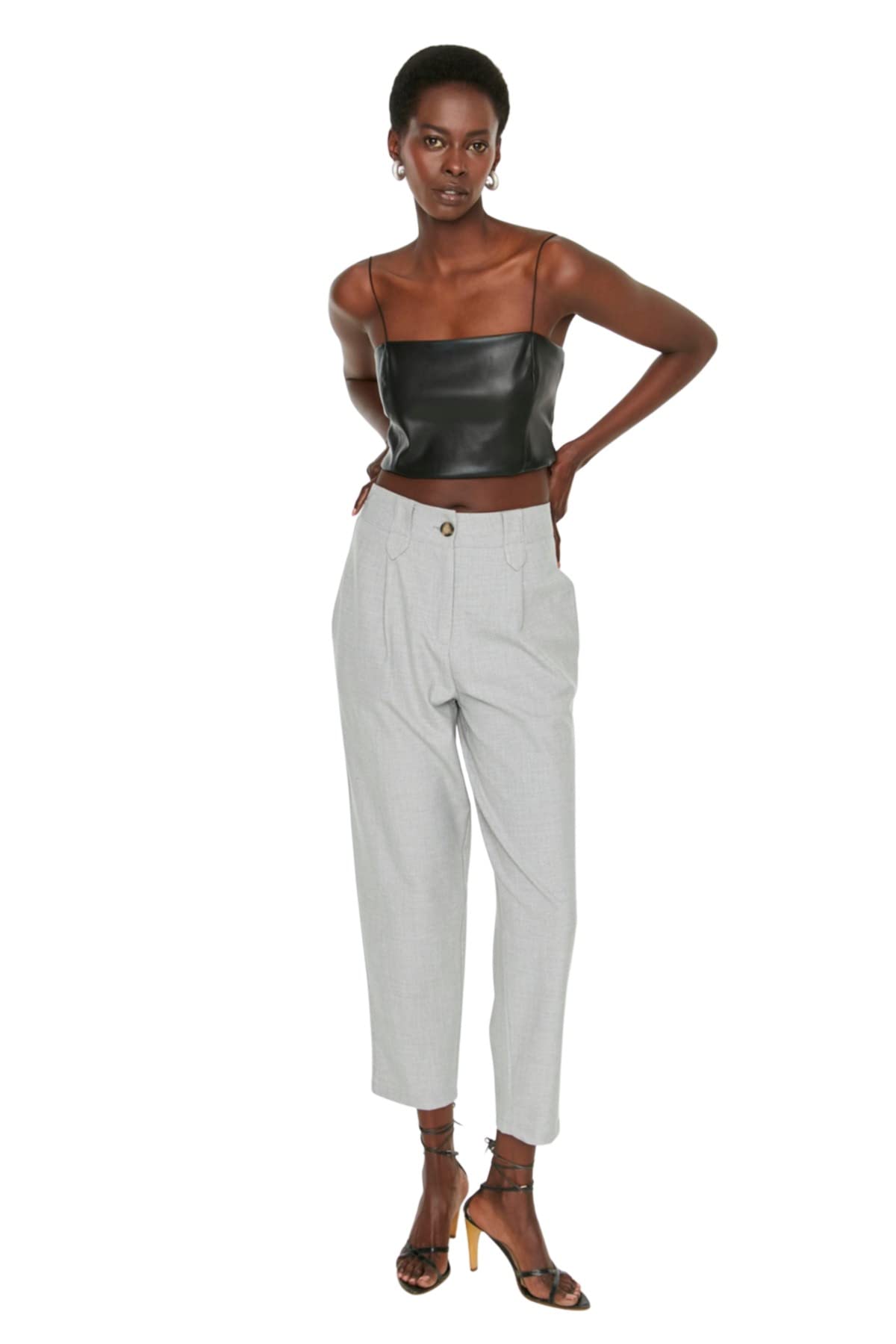 Trendyol Women's Gray Basic High Waist Straight Leg Carrot Pants Trousers