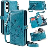 Lacass for Samsung Galaxy S25 Edge Case Wallet,[Cards Theft Scan Protection] Card Holder Zipper Leather Flip Cover Crossbody Wrist Strap with Stand (Floral Blue Green)