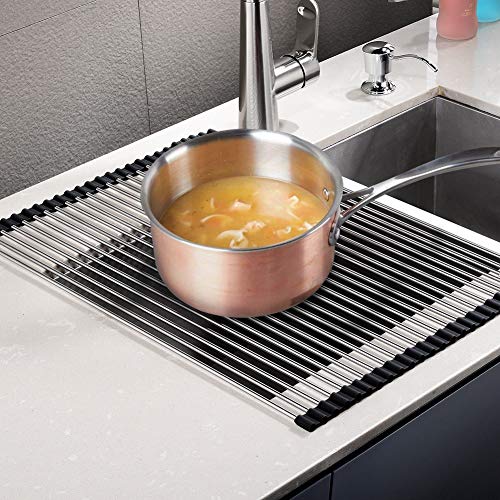 Roll Up Dish Drying Rack Over Sink Over The Sink Dish Drying Rack Kitchen Dish Drainer, Folding Dish Rack For Kitchen Sink Counter Stainless Steel Mat Foldable Dish Dryer Racks(17.8" X 15") #TOP5