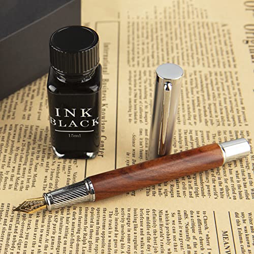 Ayzhang Wooden Fountain Pen Medium Nib Natural Rosewood Retro Pen,Ideal Gift Set, Includes Fountain Pen, Bottle Ink,Ink Refill Converter, Premium Gift Box - Black #TOP4