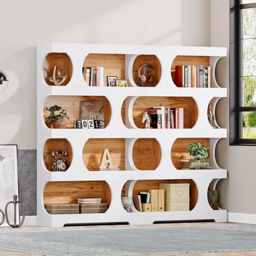 Image of Tribesigns 71 inch Tall Bookcase Set of 2, 4-Tier S-Shaped Bookshelf, Wood Decorative Storage Shelving, Modern Freestanding Display Shelves, Large Library Bookshelf Unit for Home Office, White & Brown